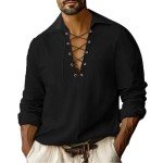 Men's Black Linen Lace-Up Viking Shirt 4XL