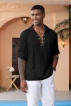 Men's Black Linen Lace-Up Viking Shirt 4XL