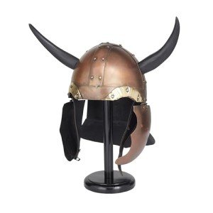 Viking Metal Helmet with Black Wooden Stand