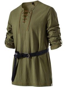 Retro Cotton Lace-Up Viking Shirt - Army Green, XXL
