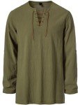 Retro Cotton Lace-Up Viking Shirt - Army Green, XXL