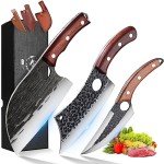 ROCOCO 3PCS Butcher Cleaver Knife Set for Meat Cutting Serbian Chef Knife Viking Boning Cleaver with Sheaths for Kitchen Outdoor BBQ Camping Birthday Father Mother Christmas Gift Idea Men