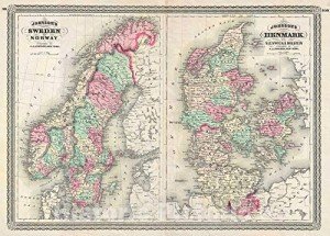 Vintage 1870 Johnson Map of Scandinavia Wall Art