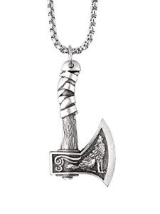 Viking Axe Necklace with Wolf and Raven Pendant