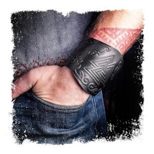 Genuine Leather Viking Cuff Bracelet - Black Valknut