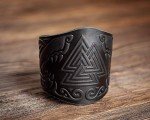 Genuine Leather Viking Cuff Bracelet - Black Valknut