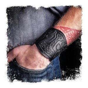 Real Leather Viking Cuff Bracelet with Mjolnir Design