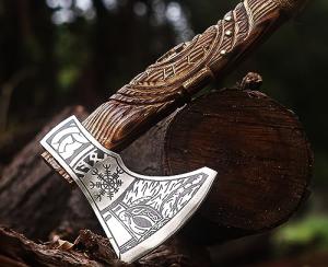 Viking Axe with Engraved Blade and Leather Sheath