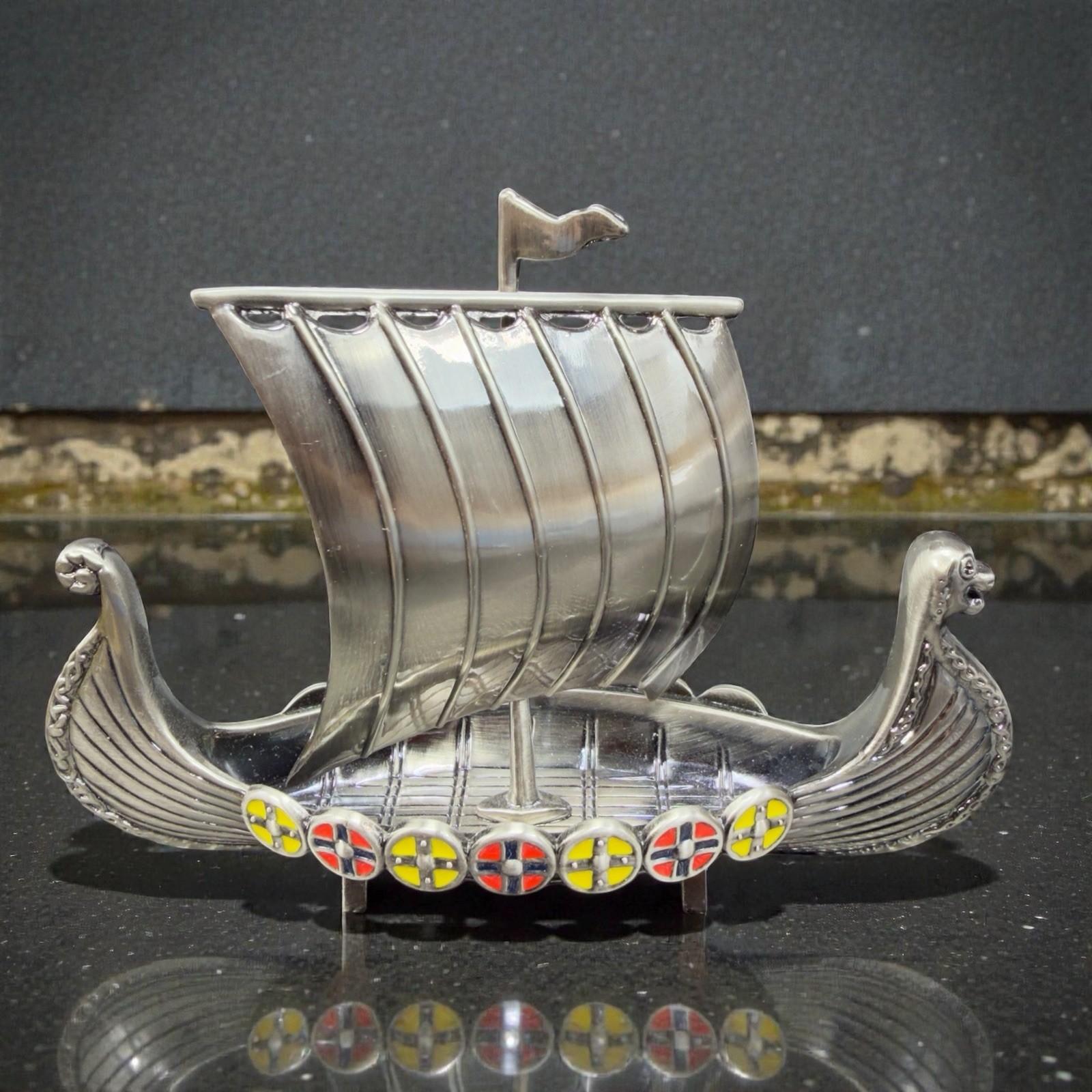 Viking Ship Pewter Figurine with Enamel Inlays