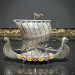 Viking Ship Pewter Figurine with Enamel Inlays