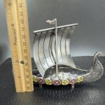 Viking Ship Pewter Figurine with Enamel Inlays