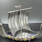 Viking Ship Pewter Figurine with Enamel Inlays