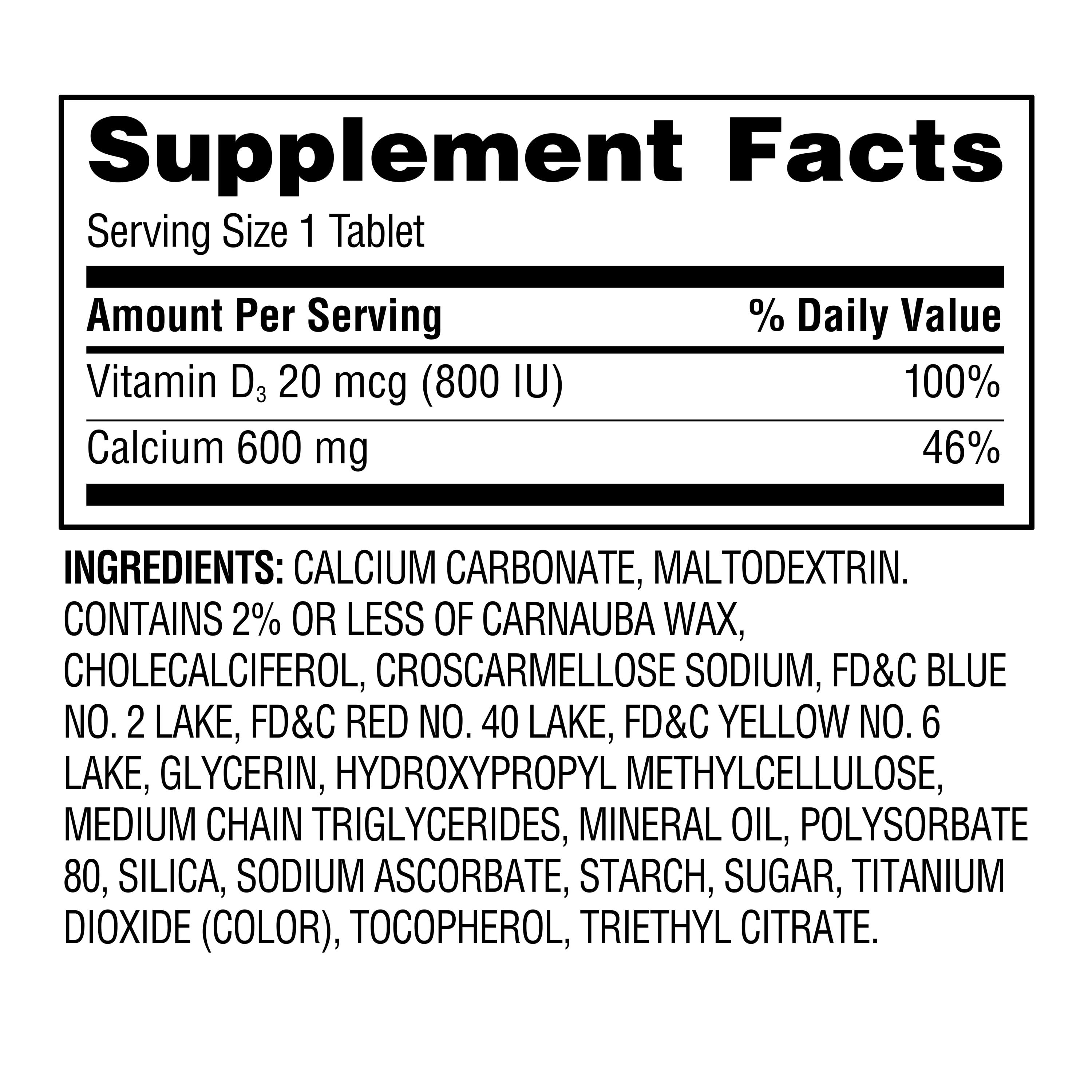 Equate Calcium + D3 Tablets Dietary Supplement, 600 mg, 120 Count