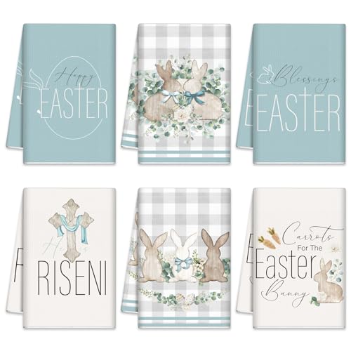 6-Piece Easter Kitchen Towels and Dishcloths with Bunny Pattern