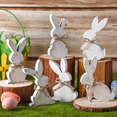 6 Pcs Easter Bunny Wooden Signs - Bunny Decor for Spring Celebrations