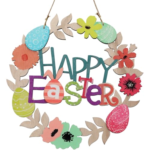 Easter Wreath with Wooden Flowers and Happy Bunny