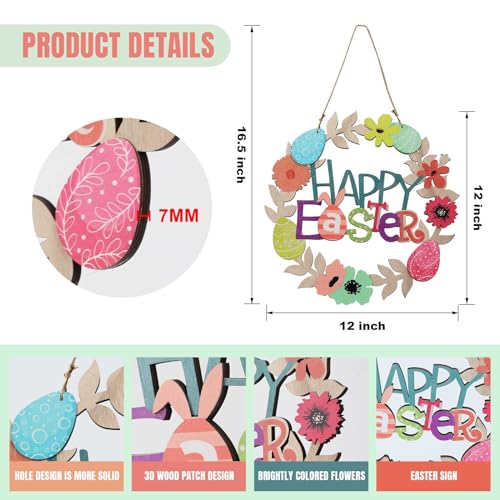 Easter Wreath with Wooden Flowers and Happy Bunny
