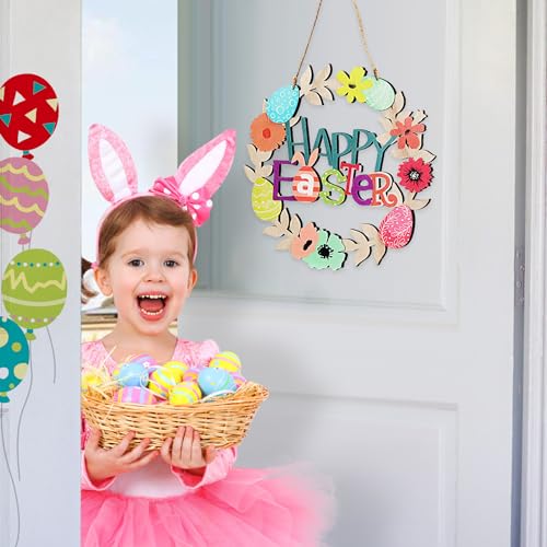 Easter Wreath with Wooden Flowers and Happy Bunny