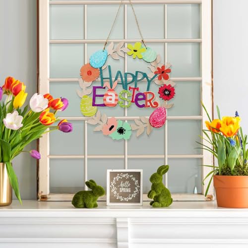 Easter Wreath with Wooden Flowers and Happy Bunny