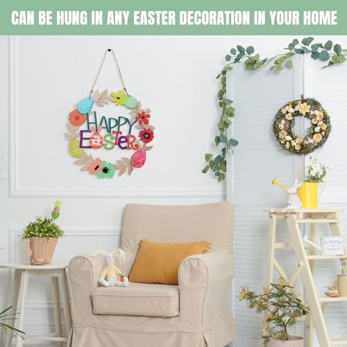 Easter Wreath with Wooden Flowers and Happy Bunny