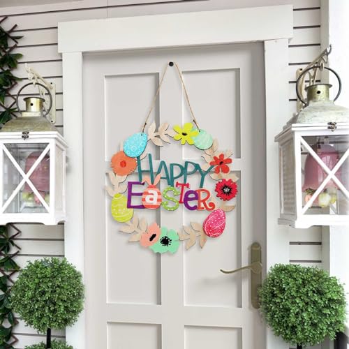 Easter Wreath with Wooden Flowers and Happy Bunny