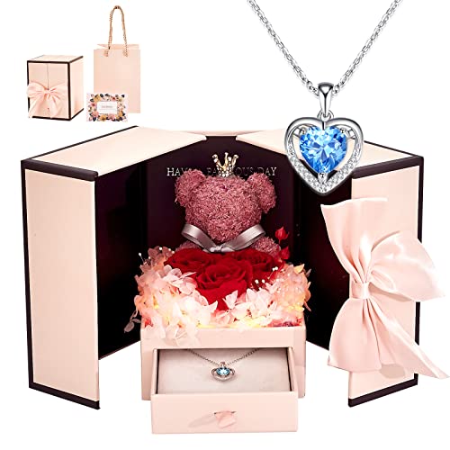 Rose Moss Bear & Silver Heart Necklace - LED Light Celebrations