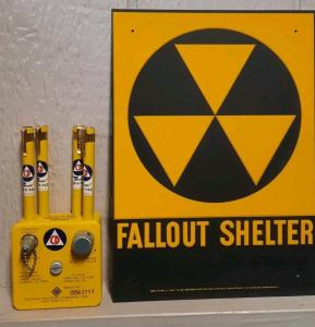 NOS Vtg Fallout Shelter Sign, CDV-742 Dosimeters & CDV-750 Charger Civil Defense