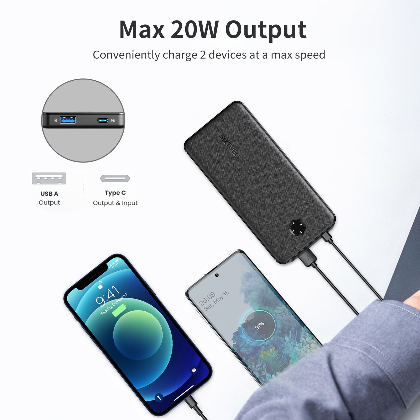 10k mAh USB-C Power Bank for iPhone/Samsung