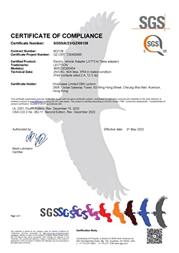 Lectron J1772 to Tesla Adapter - 60A/250VAC