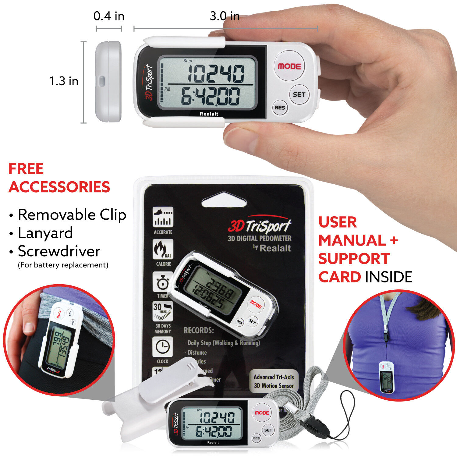 Realalt 3DTriSport Walking Pedometer Clip Strap