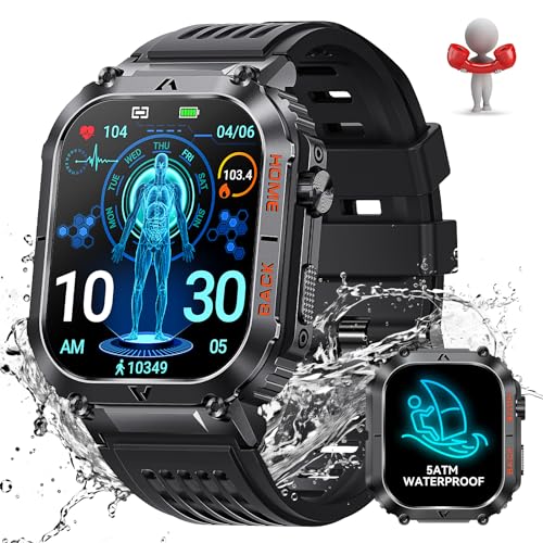 Men's Military Smartwatch: 5ATM Waterproof, Large Screen