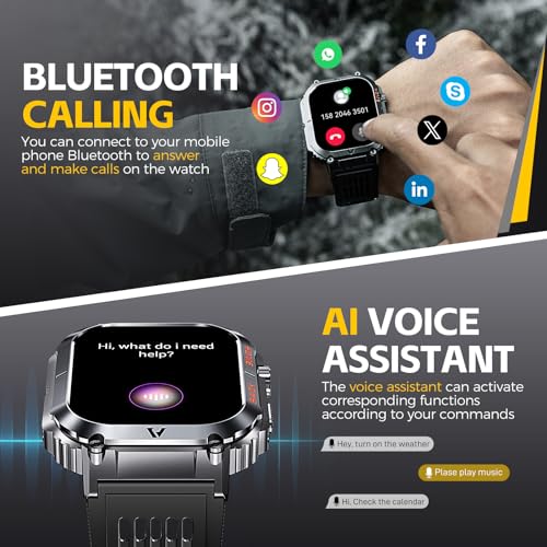 Men's Military Smartwatch: 5ATM Waterproof, Large Screen