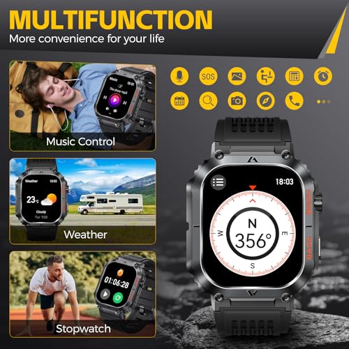 Men's Military Smartwatch: 5ATM Waterproof, Large Screen