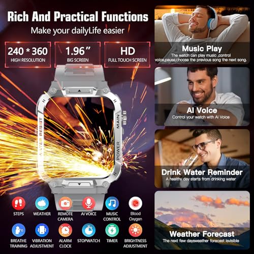 Military Sports Smartwatch for Men, 1.96" Fitness Monitor