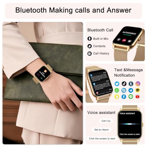 Gold Smartwatch for Women Fitness Tracker: Make/Answer Call, Heart Rate Monitor