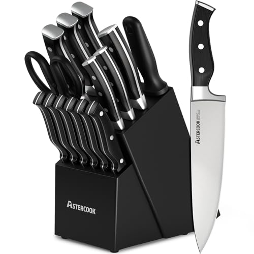 Astercook 15 Pcs Triple Rivet Knife Set Block