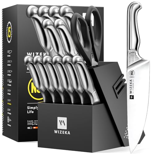 WIZEKA 15PCS Kitchen Knife Set, Professional Sharpener, Starry Sky
