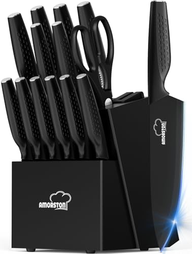 15-Piece Kitchen Knife Set with Built-in Sharpener Block, Elegant Black