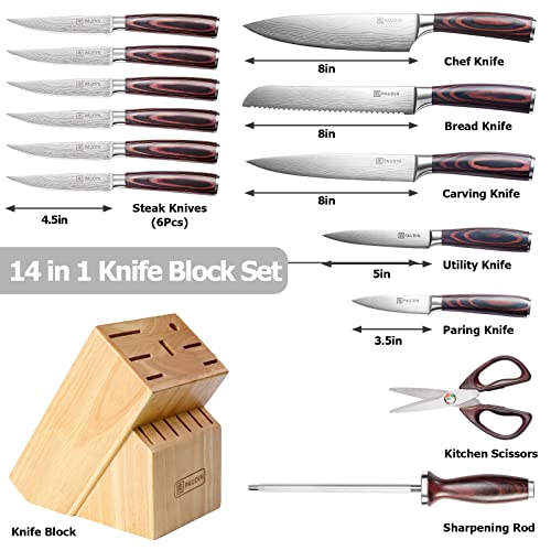PAUDIN 14-Piece Kitchen Knife Set with Block