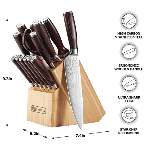 PAUDIN 14-Piece Kitchen Knife Set with Block