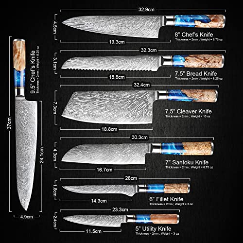 SENKEN 7-Piece Damascus Knife Set - Tsunami Collection