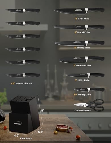 Amorston 15-Piece Knife Set with Sharpener Block