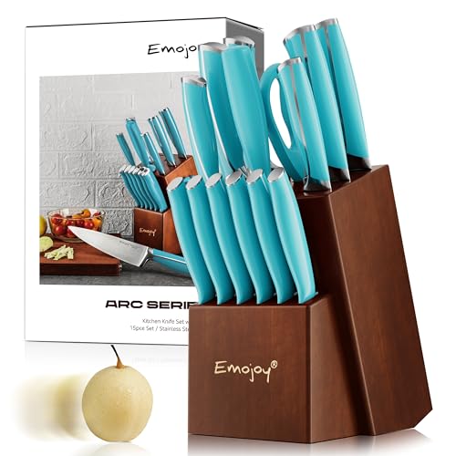 Emojoy 15-Piece Kitchen Knife Set with Sharpener Block