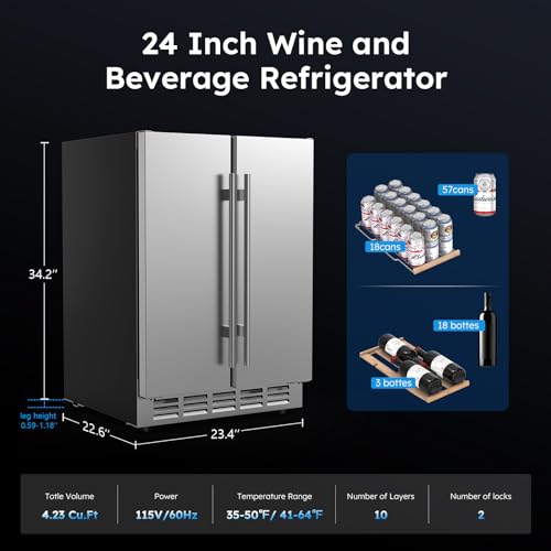 24" Outdoor Wine & Beverage Fridge, Dual Zone, Holds 20 Bottles & 57 Cans