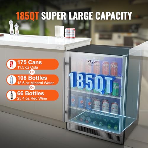 VEVOR Undercounter Beverage Cooler, 24-inch, 185QT/175 Cans