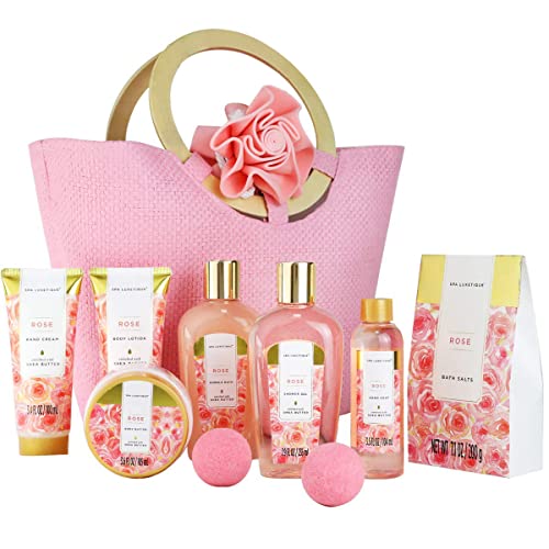 Spa Luxe Set: Rose Gift Basket, Deluxe Tote, Bath Essentials