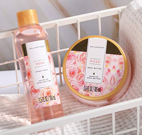 Spa Luxe Set: Rose Gift Basket, Deluxe Tote, Bath Essentials