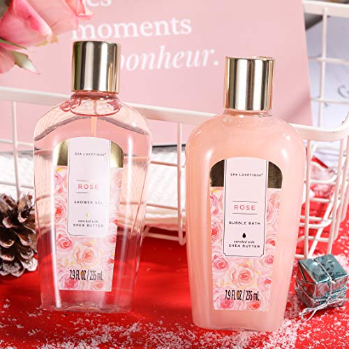 Spa Luxe Set: Rose Gift Basket, Deluxe Tote, Bath Essentials