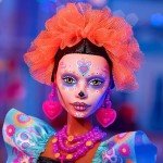 Barbie Signature Doll, 2024 Día De Muertos Collectible in Black Dress with Blue Ruffle Top, Embroidered Print, and Colorful Accessories