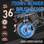 Electric Bike Adults 750W 48V 20AH Brushess Motor 16''E Bike 28Mph Folding Ebike